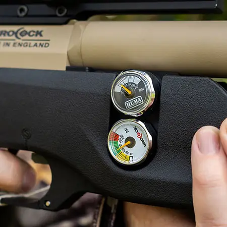 A close up of a Brocock regulator pressure gauge and link to our regulated air guns colletcion page