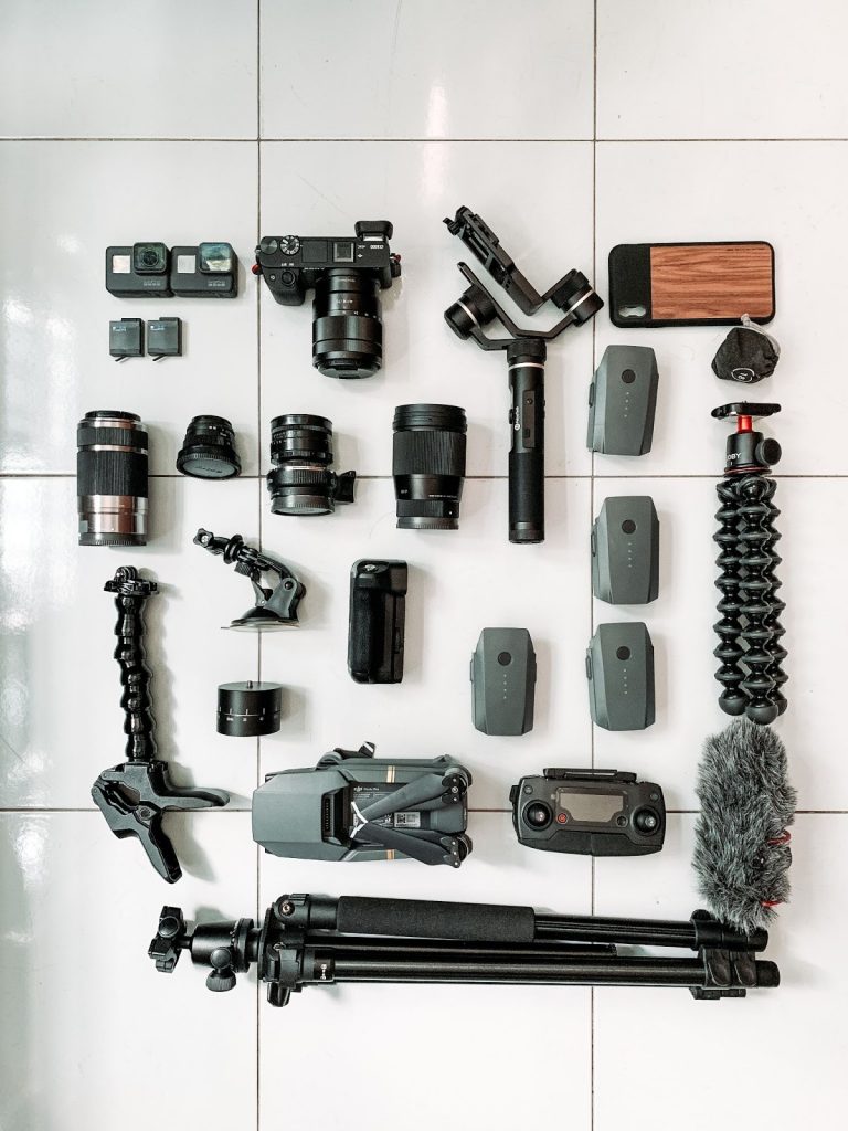 Camera accessories spread out on the floor