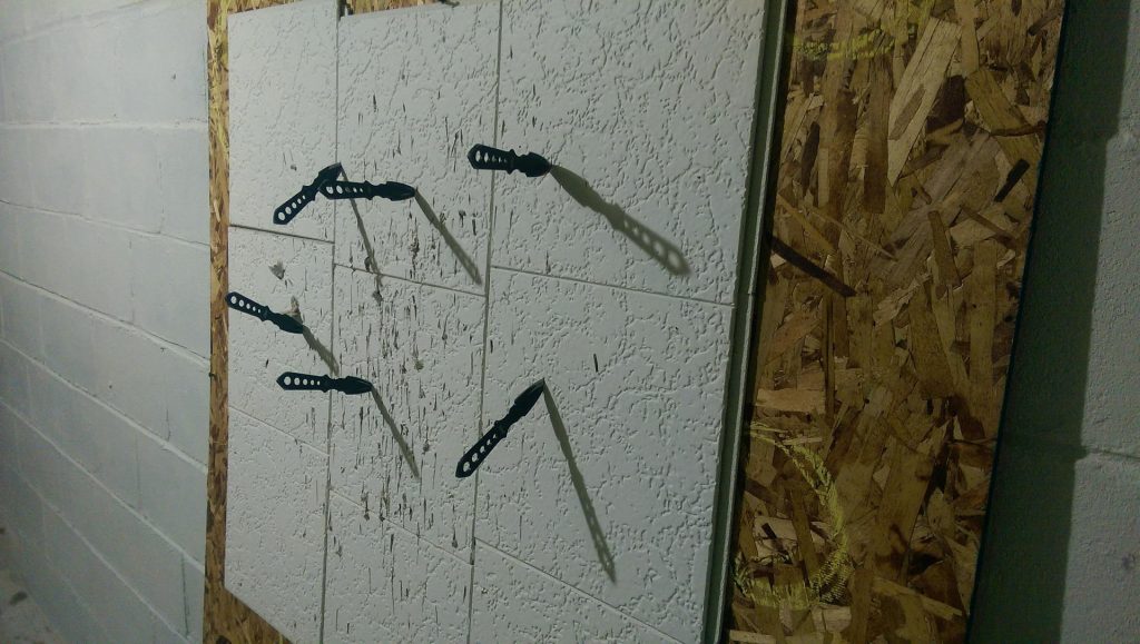Several throwing knives in throwing board