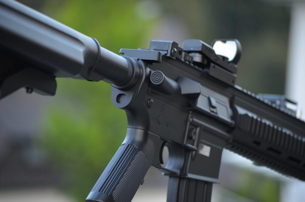 A close-up of a black airsoft gun