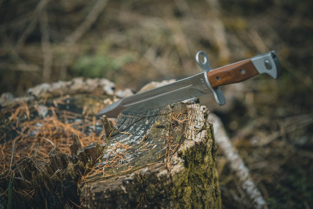 A knife lodged into a tree stump