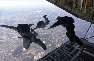 Soldiers making a HALO jump from 30,000 feet