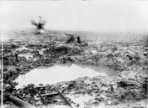 A boggy section of the Battle of Passchendaele, with a stranded tank.