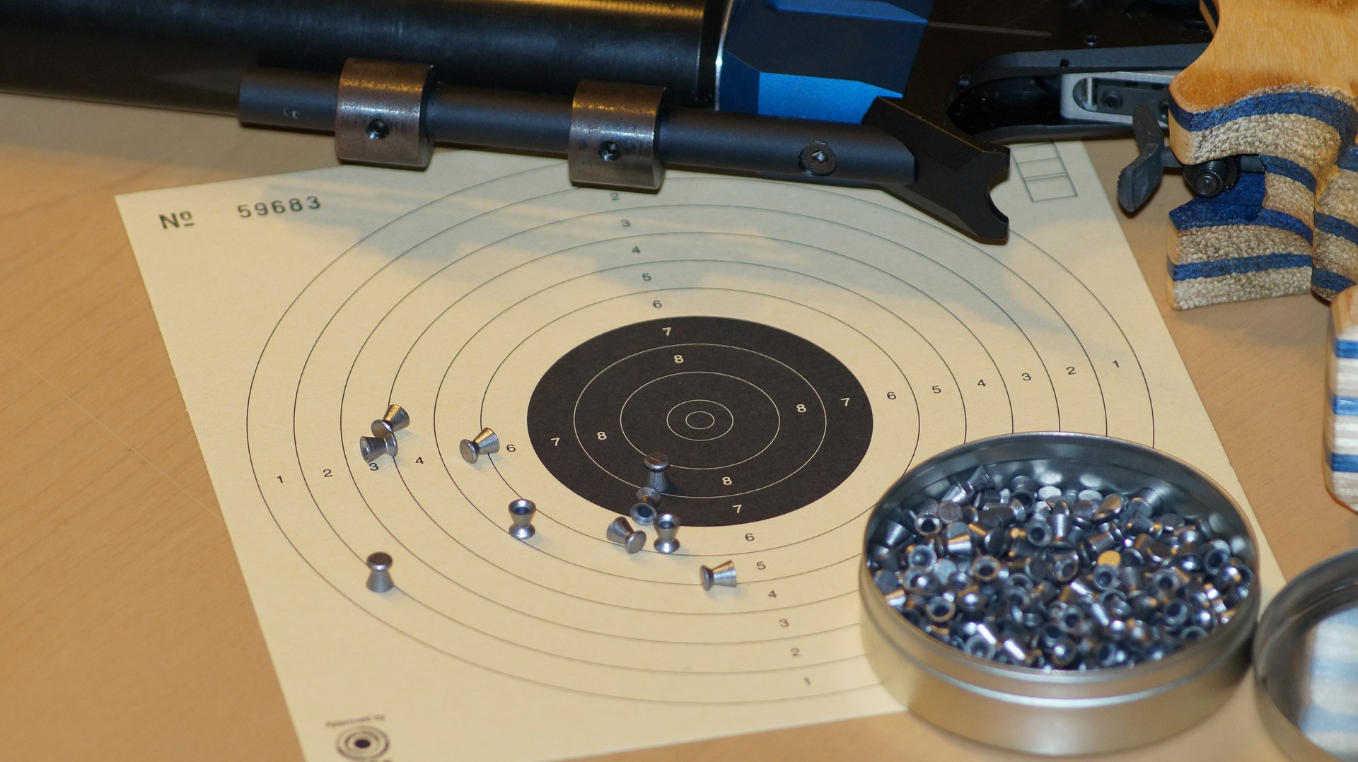 Some steel pellets used for a BB gun and a shooting target
