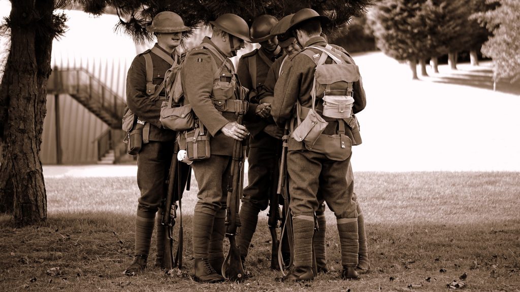 A group of World War One soldiers gathered