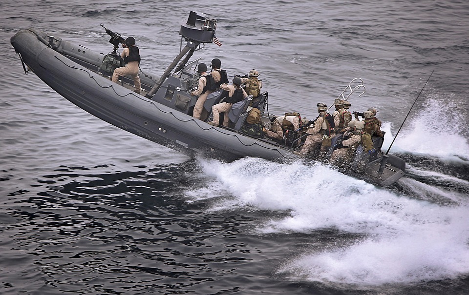 Marines in a boat training exercise
